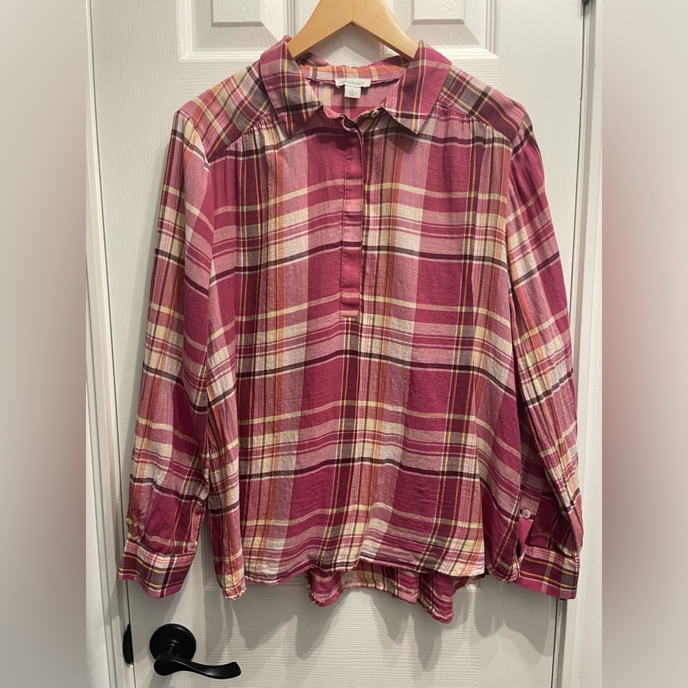 Sundance Women’s Plaid Top 1/4 Button Front Pink White Large Western Cottagecore